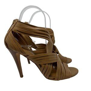 Tory Burch Liv Cage Gladiator Shoes Brown Leather Zipper Heels Open Toe Size 8M